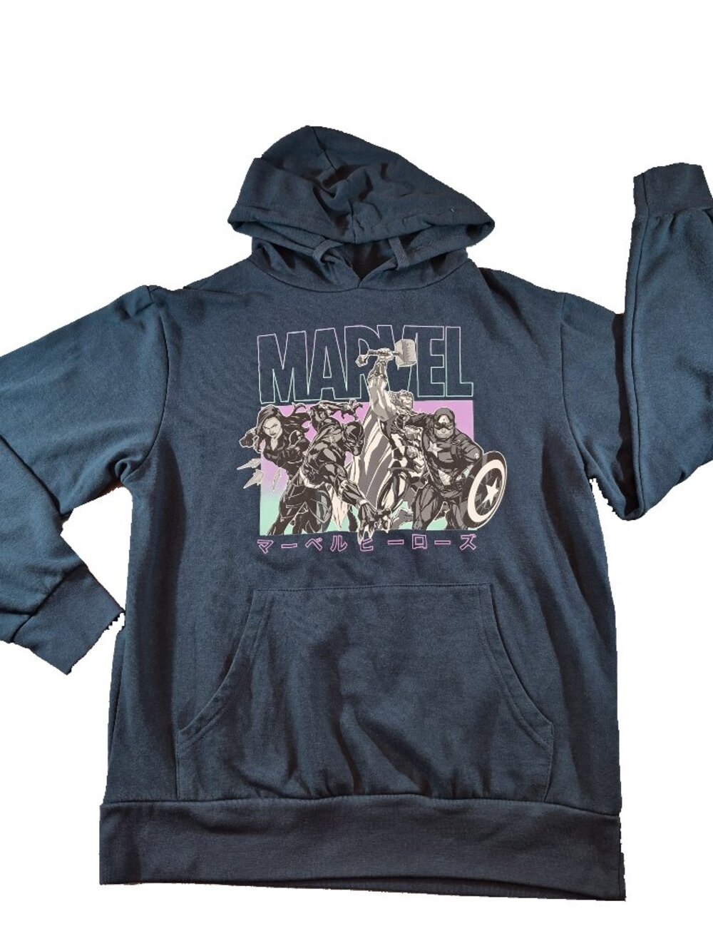 Marvel Avengers Unisex Hoodie S Blue Japanese Lettering Graphic Pullover